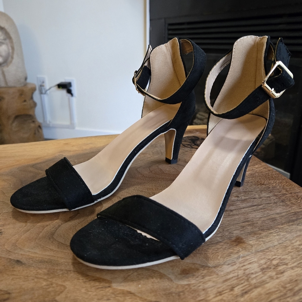 DONATED - Black Velvet Open Toe Sandals with 3" Heels and Adjustable Ankle Strap - Picture 3 of 11